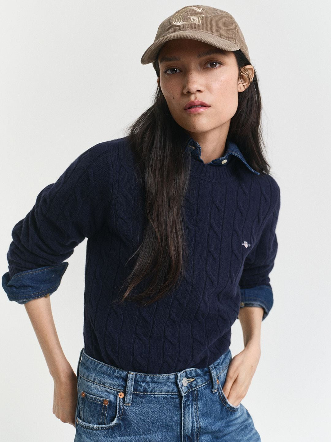 Gant Women Navy Blue Textured Regular Fit Lambswool Sweater
