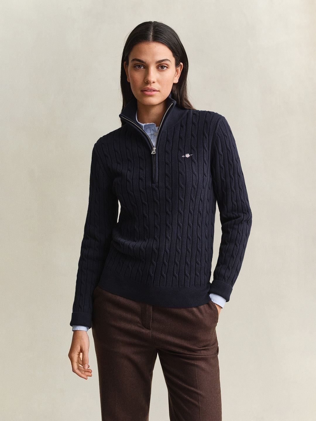 Gant Women Navy Blue Textured Regular Fit Sweater