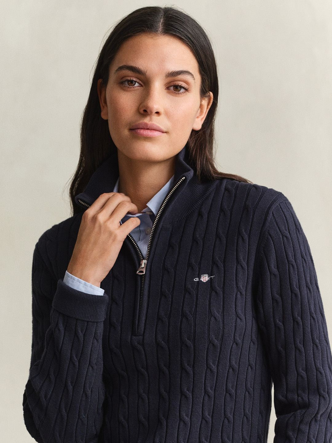 Gant Women Navy Blue Textured Regular Fit Sweater