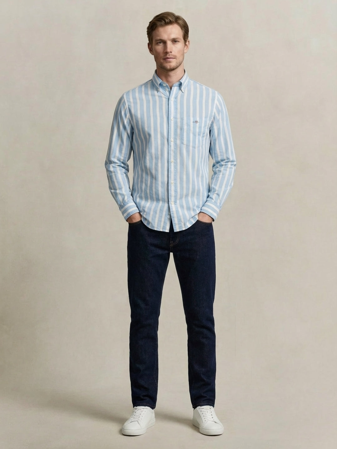 Gant Men Blue Striped Regular Fit Classic Poplin Shirt