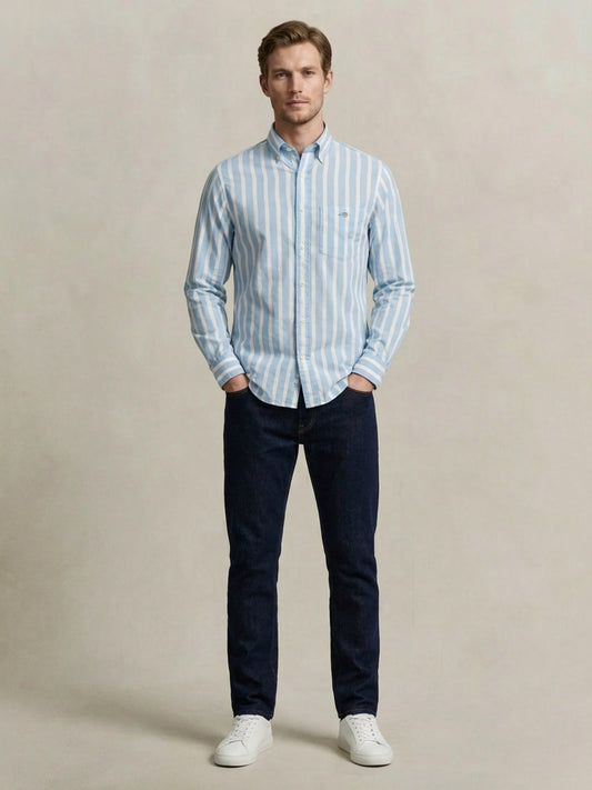 Gant Men Blue Striped Regular Fit Classic Poplin Shirt