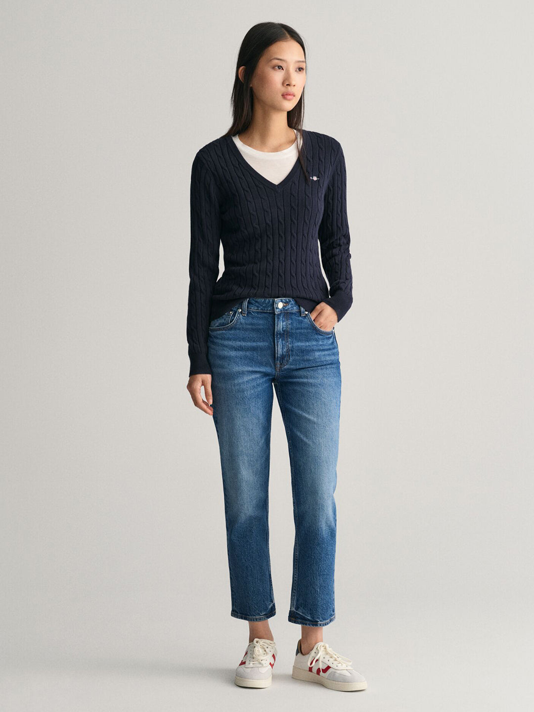 Gant Women Blue Solid V-Neck Sweater