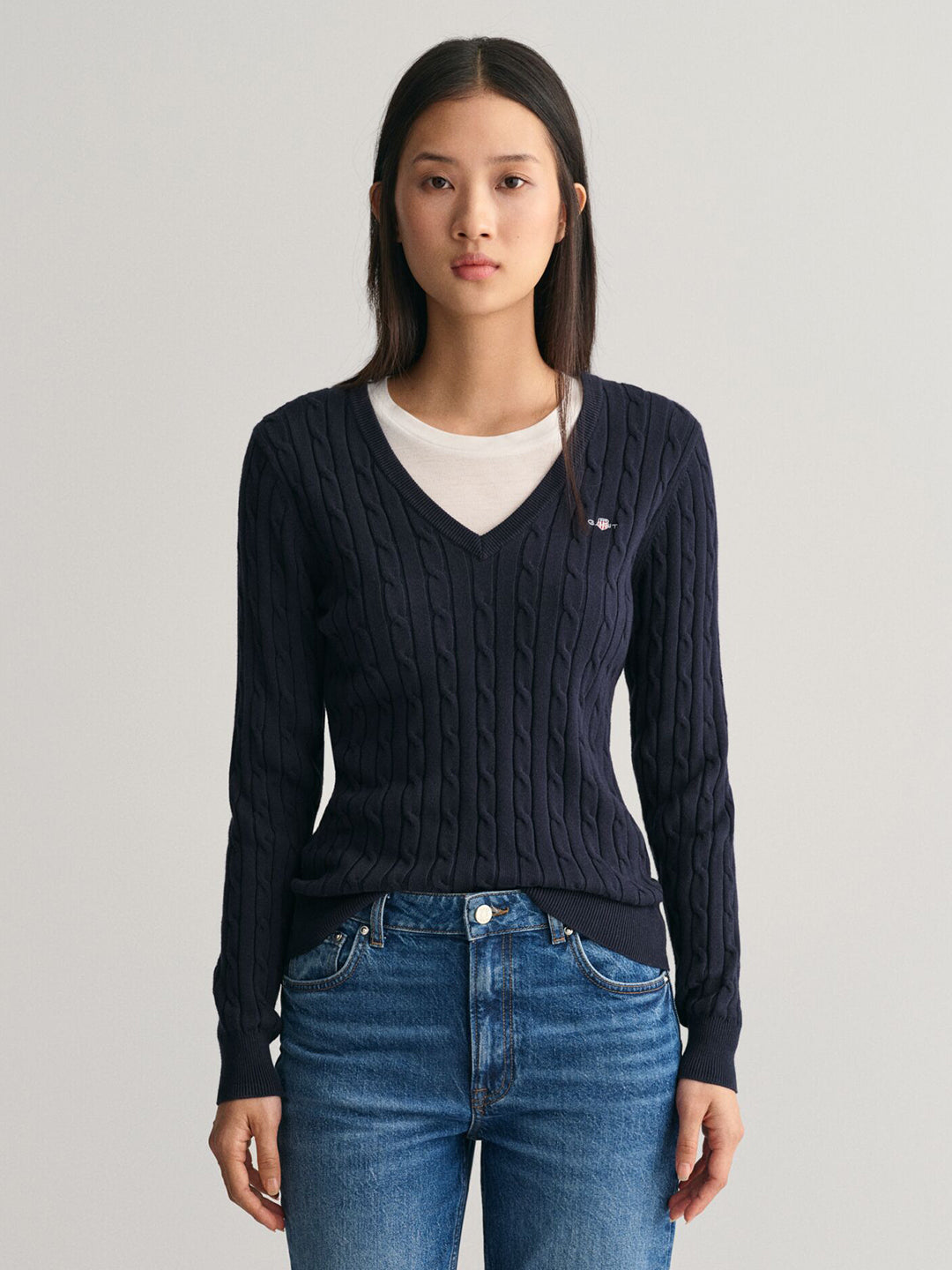 Gant Women Blue Solid V-Neck Sweater