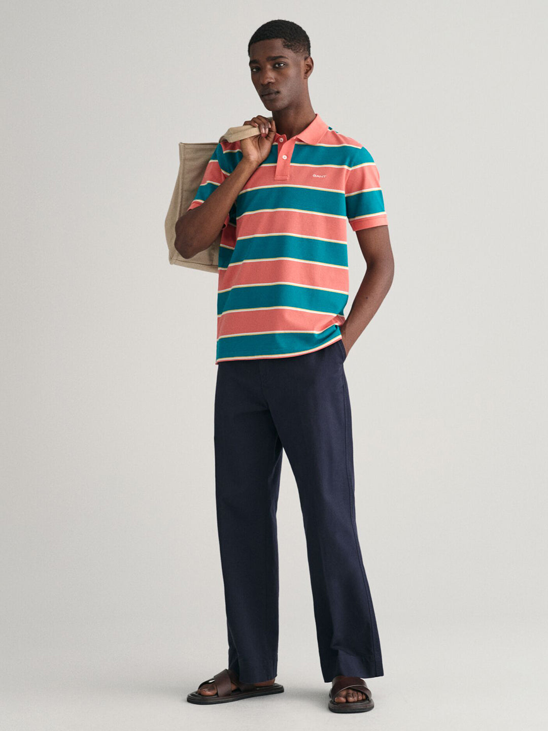 Gant Men Blue Striped Polo Collar Short Sleeves T-shirt