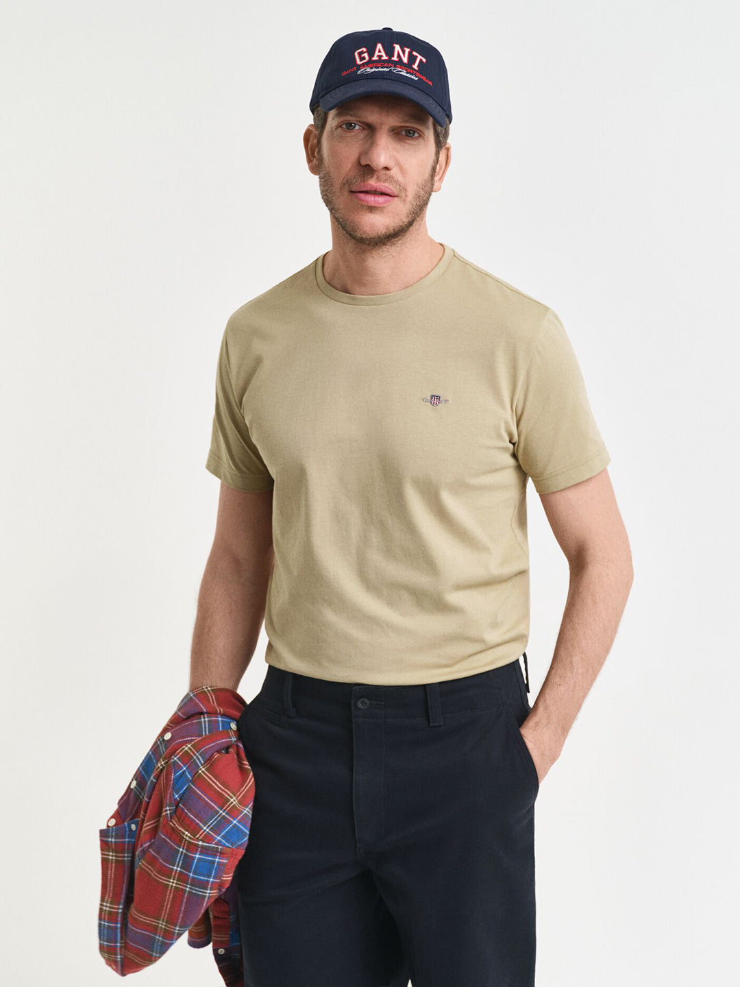 Gant Men Beige Solid Crew Neck Tshirt