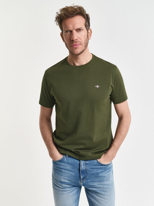 Gant Men Green Solid Crew Neck Tshirt
