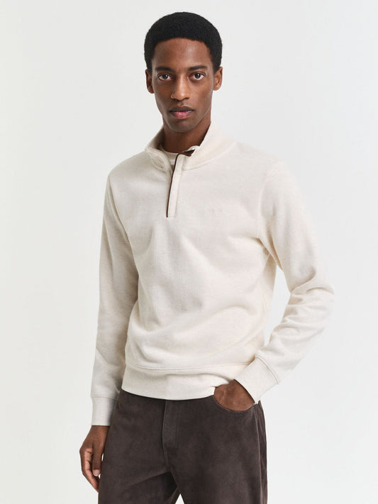 Gant Men Cream Solid Half Zip Sweatshirt