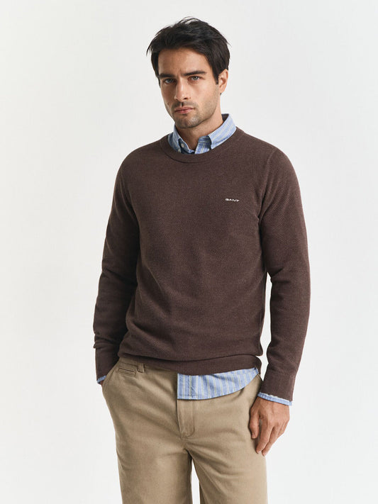 Gant Men Brown Solid Crew Neck Sweater