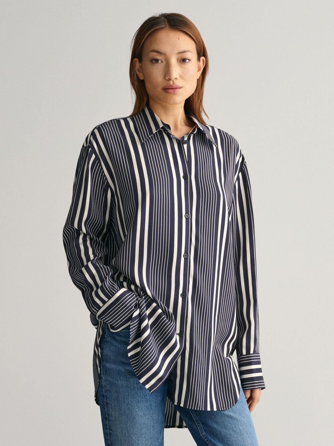 Gant Women Blue Striped Spread Collar Full Sleeves Shirt