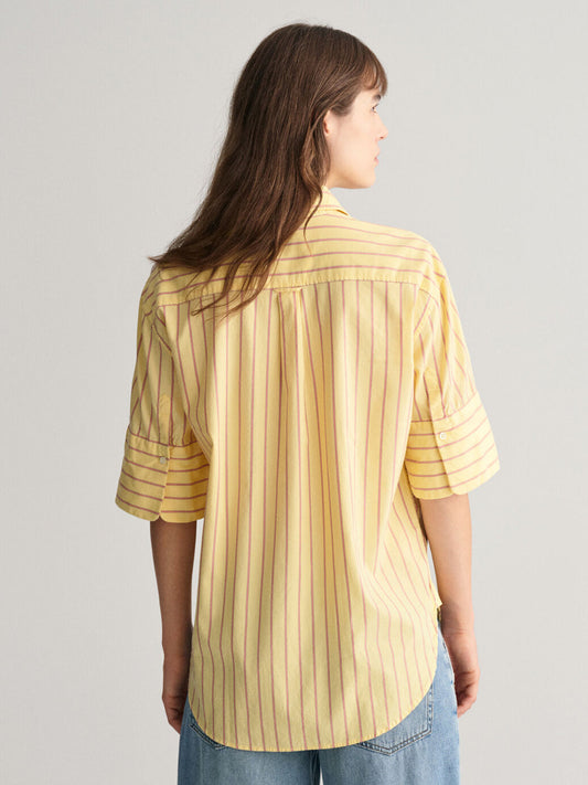 Gant Women Yellow Striped Spread Collar Short Sleeves Shirt