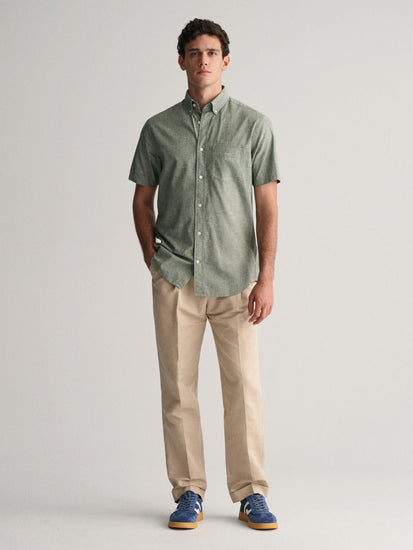 Gant Men Green Solid Button Down Collar Short Sleeves Linen Shirt