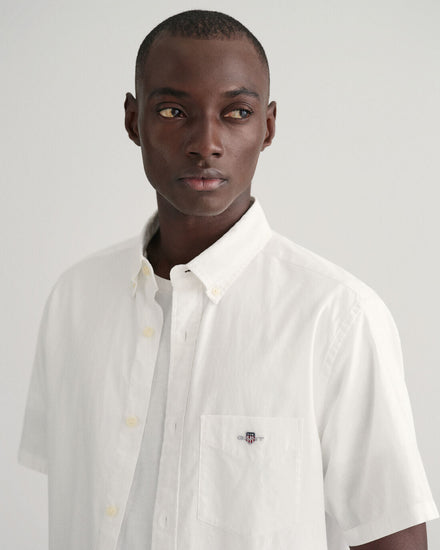 Gant Men White Solid Button Down Collar Short Sleeves Linen Shirt