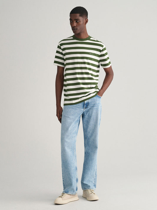 Gant Men Green Striped Round Neck Short Sleeves T-Shirt