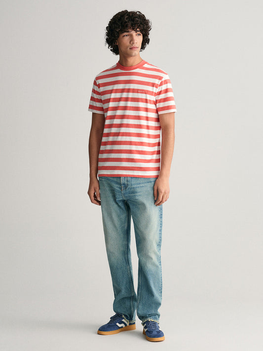 Gant Men Pink Striped Round Neck Short Sleeves T-Shirt